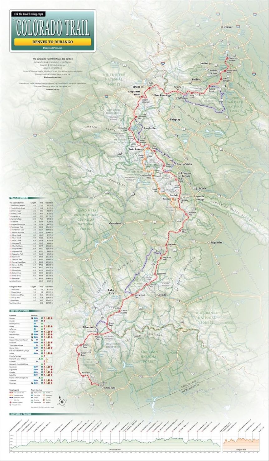 The Colorado Trail Wall Map - Laminated (14 x 24 inches) (Erik the Black’s Hiking Maps)